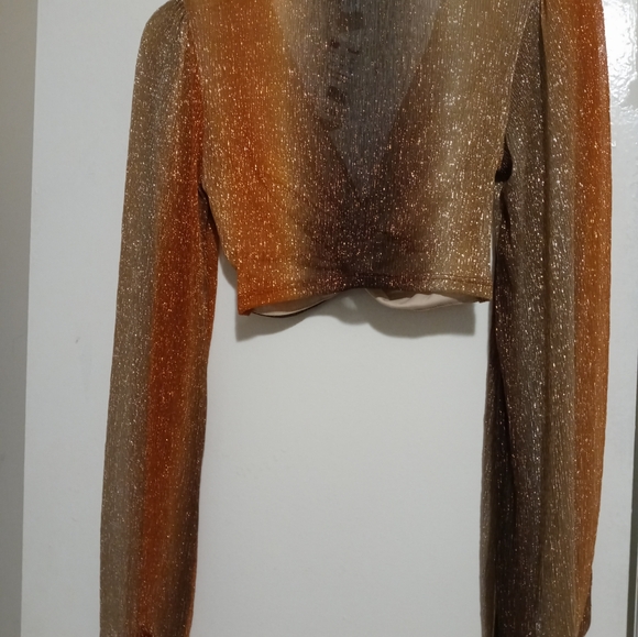MadRag Multicolor Neutral Sparkle L/Sleeve V Neck Crop Top S - Picture 4 of 6